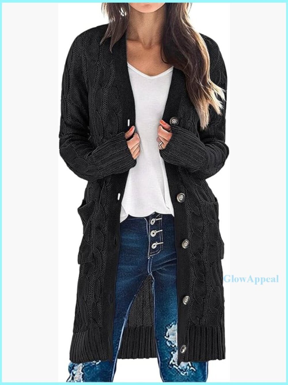 Long Sleeve Cable Knit Cardigan Sweater, Open Front Button, Knee Length